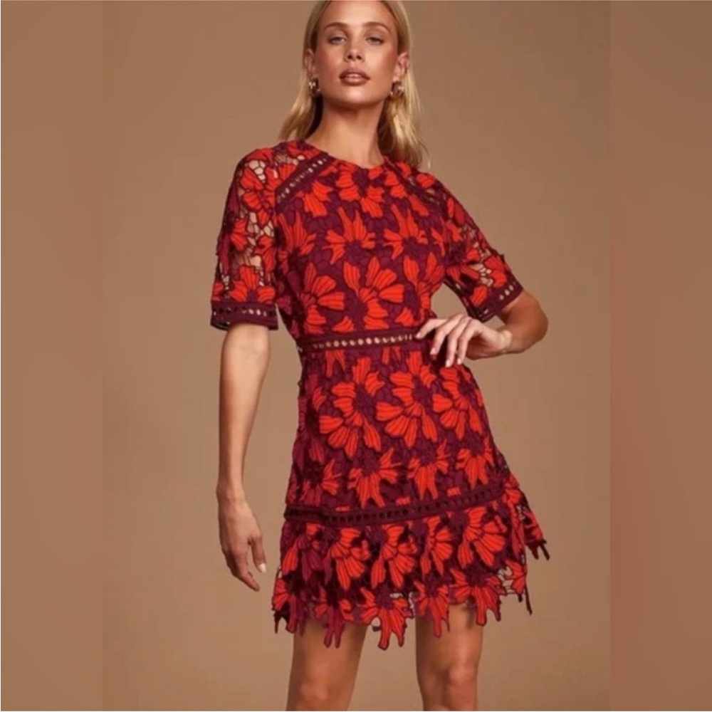 Lulu's Red and Burgandy Floral Lace Dress
